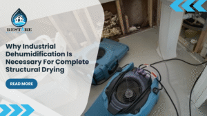 Bathroom with water damage and air movers drying exposed walls, along with the blog title and a ‘Read More’ button
