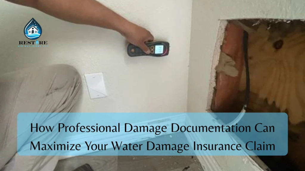 Technician using moisture meter to document hidden water damage inside residential wall for insurance claim support.